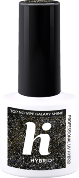 Hi Hybrid Top No Wipe Galaxy Shine, top hybrydowy. Biała butelka z etykietą pełną niebiesko-złotych drobinek.