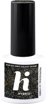 Hi Hybrid Top No Wipe Galaxy Shine, top hybrydowy. Biała butelka z etykietą pełną niebiesko-złotych drobinek.