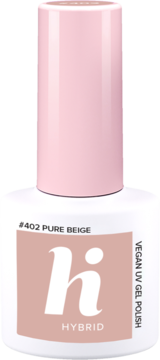 Lakier hi hybrid #402 Pure Beige, wegański UV gel w białej butelce z beżową zakrętką, widok z przodu.
