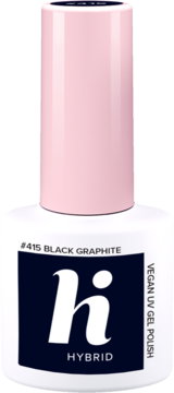 Hi hybrid #415 Black Graphite vegan UV gel polish in a white bottle with a pink cap, front view.