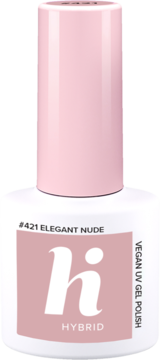 Biała butelka wegańskiego lakieru hybrydowego hi hybrid #421 Elegant Nude, z różową nakrętką, widok z przodu.