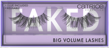 Sztuczne rzęsy CATRICE FAKED Big Volume Lashes w fioletowym opakowaniu, z klejem i napisem reusable.