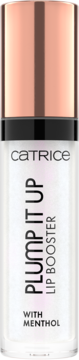 Catrice Plump It Up Lip Booster z mentolem w przezroczystej tubce z różowozłotą nakrętką, widok z przodu.