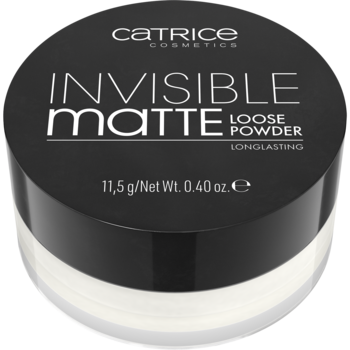 Catrice Invisible Matte, transparentny puder sypki w okrągłym, czarno-przezroczystym opakowaniu. Widok z góry.