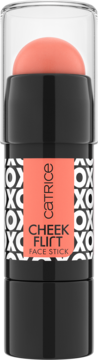 Catrice Cheek Flirt Face Stick, koralowy róż w sztyfcie z okrągłym aplikatorem, czarne opakowanie z wzorem XOXO.