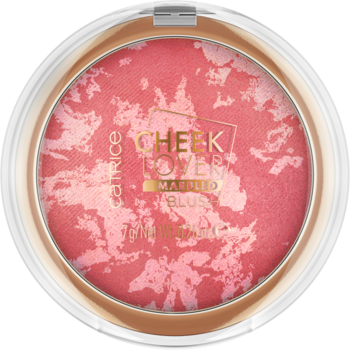 Catrice Cheek Lover Marbled Blush, okrągły kompakt z transparentną pokrywą, różowo-biały marmurek, widok z góry.