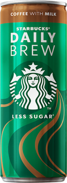 Pionowa zielono-brązowa puszka Starbucks Daily Brew Coffee with Milk Less Sugar, z logo Starbucks, widok z przodu.