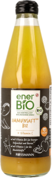 enerBio Immunsaft BIO B12+C, żółty sok w szklanej butelce z czarną nakrętką, widok z przodu.