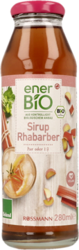 enerBiO syrop rabarbarowy 280ml, wegański, w szklanej butelce z etykietą BIO. Widok z przodu, różowa nakrętka.