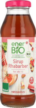 enerBIO Rhabarber Sirup, bio i wegański, w szklanej butelce z różową nakrętką. Etykieta z rabarbarem, przód.