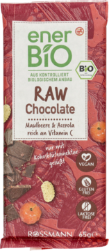 Ciemnoczerwona czekolada enerBio RAW Chocolate z morwami i acerolą, widok z przodu opakowania 65g.
