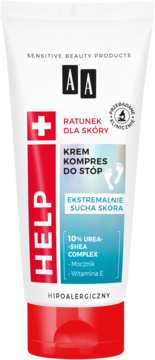 Biała tubka kremu AA Help Kompres do stóp, z czerwonym pasem i napisem HELP, do ekstremalnie suchej skóry.