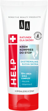 Biała tubka kremu AA Help Kompres do stóp, z czerwonym pasem i napisem HELP, do ekstremalnie suchej skóry.