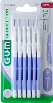 GUM Bi-Direction szczoteczki międzyzębowe 0.6mm, 6 sztuk w przezroczystym opakowaniu, widok z przodu.