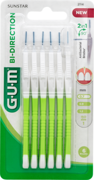 Zapakowane szczoteczki międzyzębowe GUM Bi-Direction 0.7mm, zielono-białe, 6 sztuk, zginane o 90 stopni.