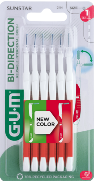Opakowanie 6 dwukierunkowych szczoteczek GUM Bi-Direction 0.8 mm, biało-czerwone, przód.