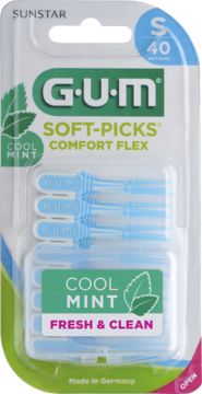 Przezroczyste opakowanie G.U.M Soft-Picks Comfort Flex Cool Mint, 40 niebieskich czyścików, widok z przodu.