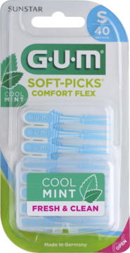 Przezroczyste opakowanie G.U.M Soft-Picks Comfort Flex Cool Mint, 40 niebieskich czyścików, widok z przodu.