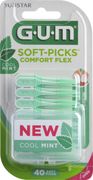 Transparentne opakowanie G-U-M SOFT-PICKS Comfort Flex Cool Mint z 40 zielonymi szczoteczkami międzyzębowymi.