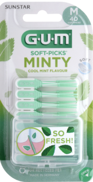 Front opakowania GUM Soft-Picks Minty M, 40 gumowych szczoteczek międzyzębowych w kolorze miętowym.