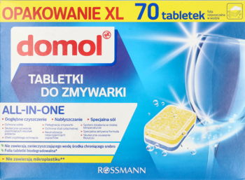 Niebieskie opakowanie Domol Multifunkcyjnych tabletek do zmywarki All-in-One, 70 sztuk XL, widok z przodu.