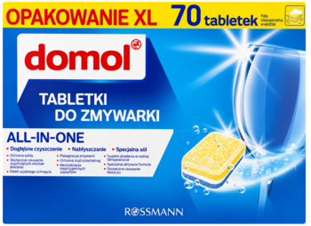 Domol All-in-One tabletki do zmywarki, opakowanie XL 70 sztuk, niebieskie z widoczną tabletką i szkłem.