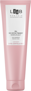 Różowy żel nawilżający do mycia twarzy LAAB z Centella B12, tubka z białą etykietą, widok z przodu.