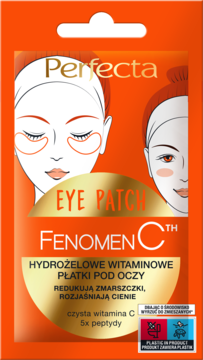 Perfecta Fenomen C Hydrożelowe Witaminowe Płatki pod Oczy, pomarańczowa saszetka, widok z przodu.
