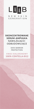LAAB skoncentrowane serum-ampułka Centella B12, biała etykieta z czarnym i różowym tekstem, widok z przodu.