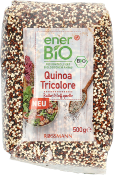 EnerBio Quinoa Tricolore, przezroczysta torebka 500g z trójkolorową komosą ryżową, źródło błonnika, widok z przodu.