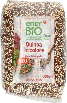 EnerBio Quinoa Tricolore, przezroczysta torebka 500g z trójkolorową komosą ryżową, źródło błonnika, widok z przodu.