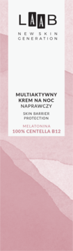 AA LAAB multiaktywny krem na noc naprawczy z Centella B12 i Melatoniną, białe opakowanie, różowe tło.