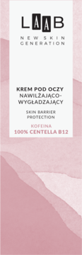 Krem pod oczy LAAB z Centellą B12 i kofeiną, nawilżająco-wygładzający, na białej etykiecie na różowym tle.