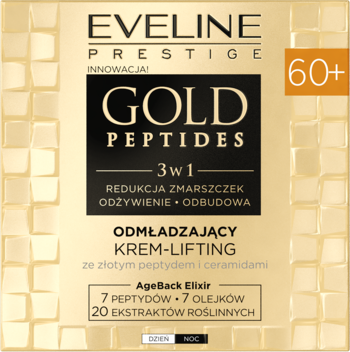 Eveline Gold Peptides 3w1 krem-lifting 60+, złote opakowanie, redukcja zmarszczek, widok z przodu.
