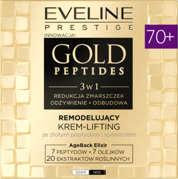 Krem-lifting Eveline Gold Peptides 70+ w złotym pudełku z czarną etykietą, widok z przodu.