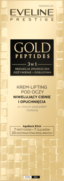 Złoty krem-lifting Eveline Prestige Gold Peptides 3w1 w teksturowanym pudełku, na cienie i zmarszczki, widok z przodu.