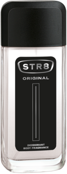 STR8 Original męski perfumowany dezodorant w sprayu, biała butelka z czarną etykietą, widok z przodu.