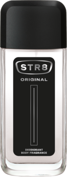 Str8 Original męski dezodorant 85ml, przezroczysta butelka z czarną etykietą "STR8 ORIGINAL", widok z przodu.
