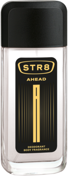 STR8 Ahead perfumowany dezodorant 85ml, przezroczysta butelka z czarną etykietą i złotym logo, widok z przodu.