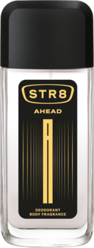 STR8 Ahead dezodorant męski w przezroczystej butelce z czarną etykietą, złotym napisem i czarną zakrętką, widok z przodu.