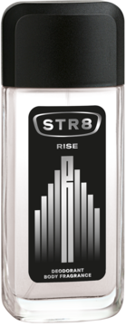 STR8 Rise męski dezodorant body fragrance w przezroczystej butelce z czarną nakrętką, widok z przodu.