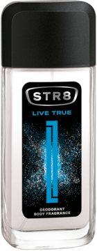 STR8 Live True męski dezodorant w przezroczystej butelce z czarną nakrętką, front etykiety z niebieskimi detalami.
