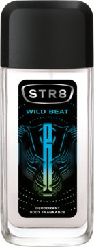 STR8 Wild Beat dezodorant body fragrance, przezroczysta butelka z czarną etykietą i niebiesko-zielonym wzorem, widok z przodu.