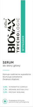 Biovax Trychologic serum do skóry głowy, hamuje wypadanie, w białym opakowaniu z zielonym pasem, widok z przodu.