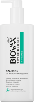 Biały szampon Biovax Trychologic do włosów i skóry głowy, z pompką, przeciw wypadaniu, widok z przodu.