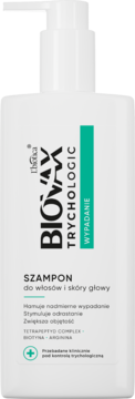Biały szampon Biovax Trychologic do włosów i skóry głowy, z pompką, przeciw wypadaniu, widok z przodu.