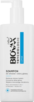 Szampon Biovax Trychologic przeciwłupieżowy w białej butelce z pompką, z niebieskim paskiem, widok z przodu.