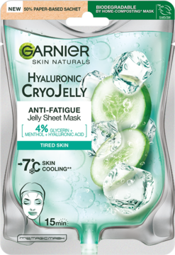 Garnier Hyaluronic Cryojelly maska-żel na tkaninie, przezroczysta saszetka z ogórkiem i lodem, widok z przodu.