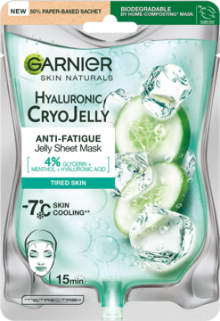 Garnier Hyaluronic Cryojelly maska-żel na tkaninie, przezroczysta saszetka z ogórkiem i lodem, widok z przodu.