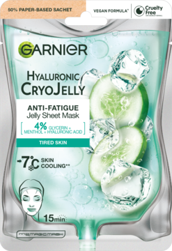 Garnier Hyaluronic CryoJelly Anti-Fatigue Jelly Sheet Mask, zielona saszetka z ogórkiem i efektem chłodzenia.